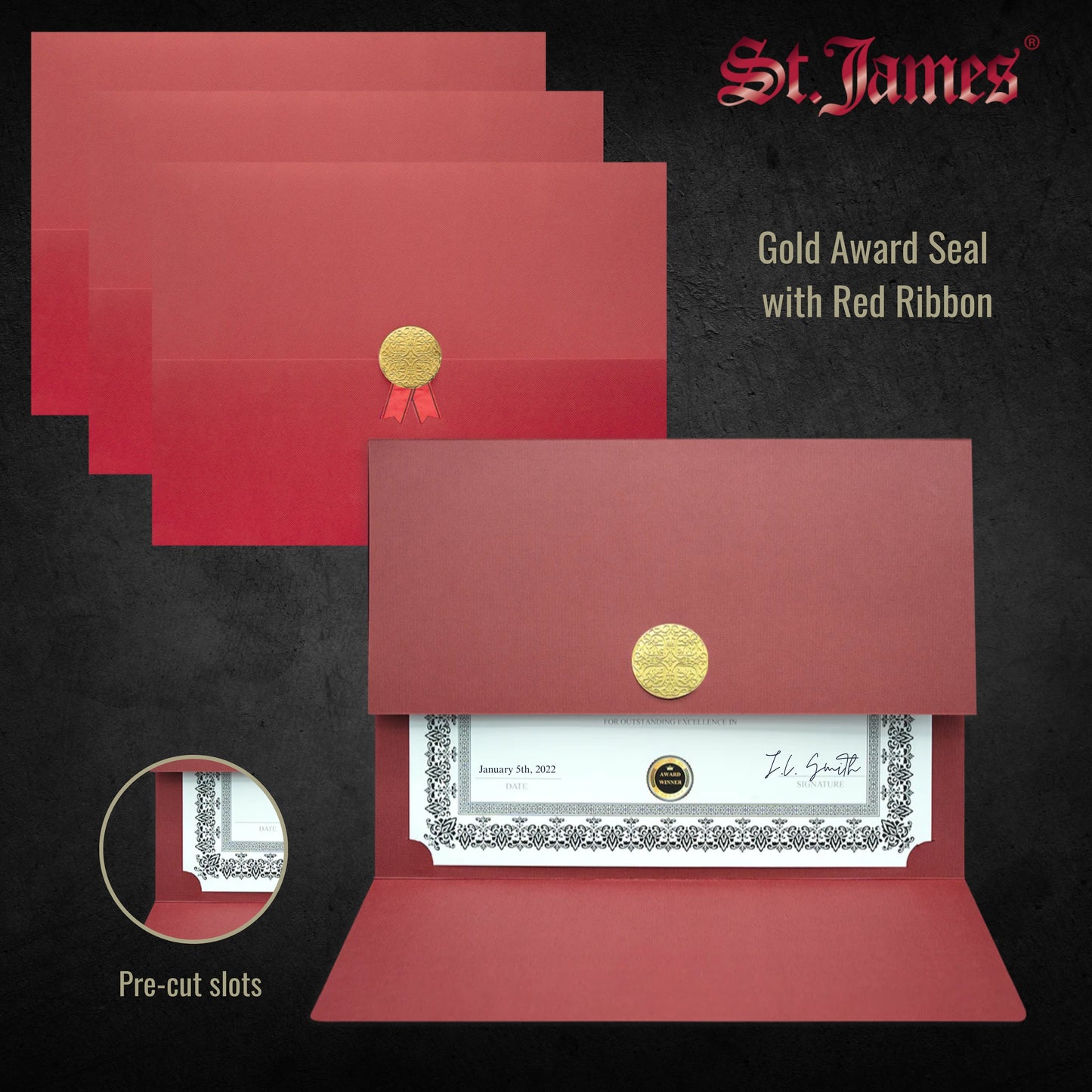 St. James® Porte-certificats/Couvertures de documents/Porte-diplômes, Rouge, Sceau d'or avec ruban rouge, Paquet de 5, 83830
