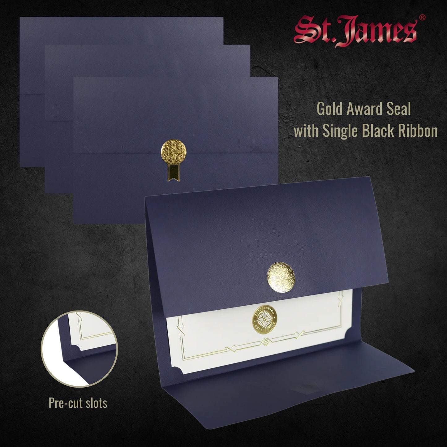 St. James® Certificate Holders/Document Covers/Diploma Holders, Navy Blue, Gold Award Seal with Single Black Ribbon, Pack of 5, 83837