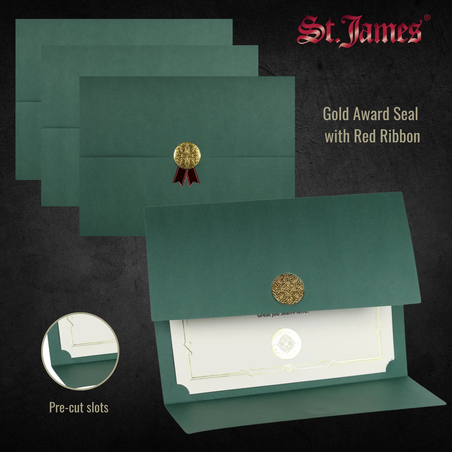 St. James® Certificate Holders/Document Covers/Diploma Holders, Green, Gold Award Seal with Red Ribbon, Pack of 5, 83824