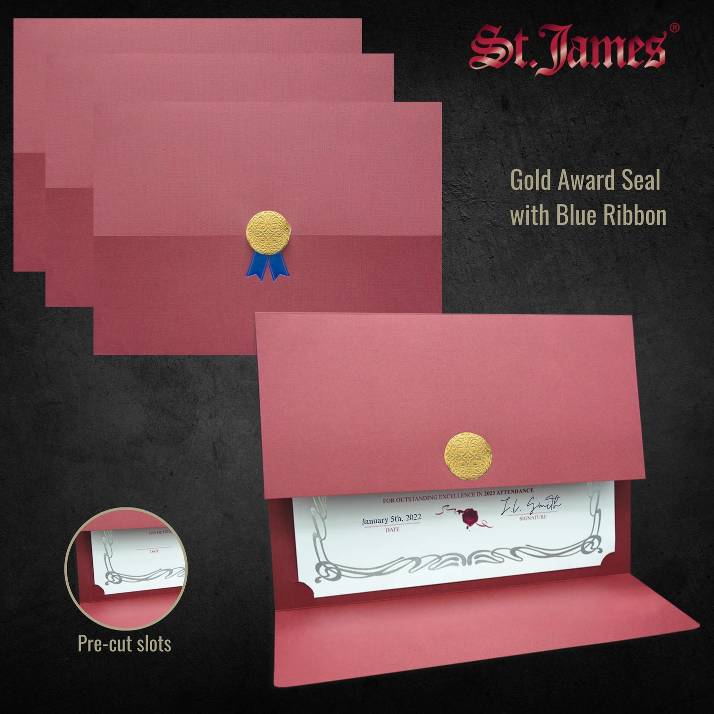 St. James® Certificate Holders/Document Covers/Diploma Holders, Burgundy, Gold Award Seal with Blue Ribbon, Pack of 5, 83817