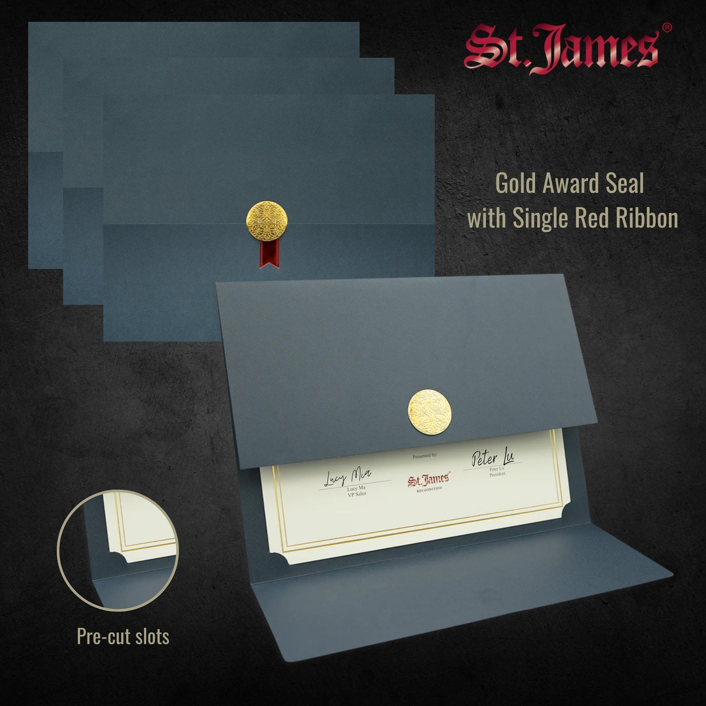St. James® Porte-certificats/Couvertures de documents/Porte-diplômes, Bleu marine, Sceau d'or avec ruban rouge unique, Paquet de 5, 83838
