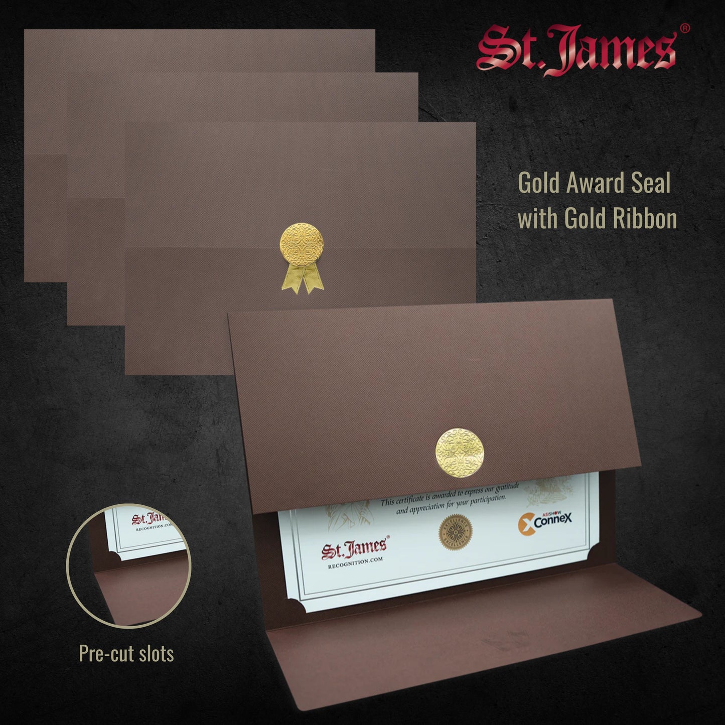 St. James® Porte-certificats/Couvertures de documents/Porte-diplômes, Marron, Sceau de récompense doré avec ruban doré, Paquet de 5, 83828