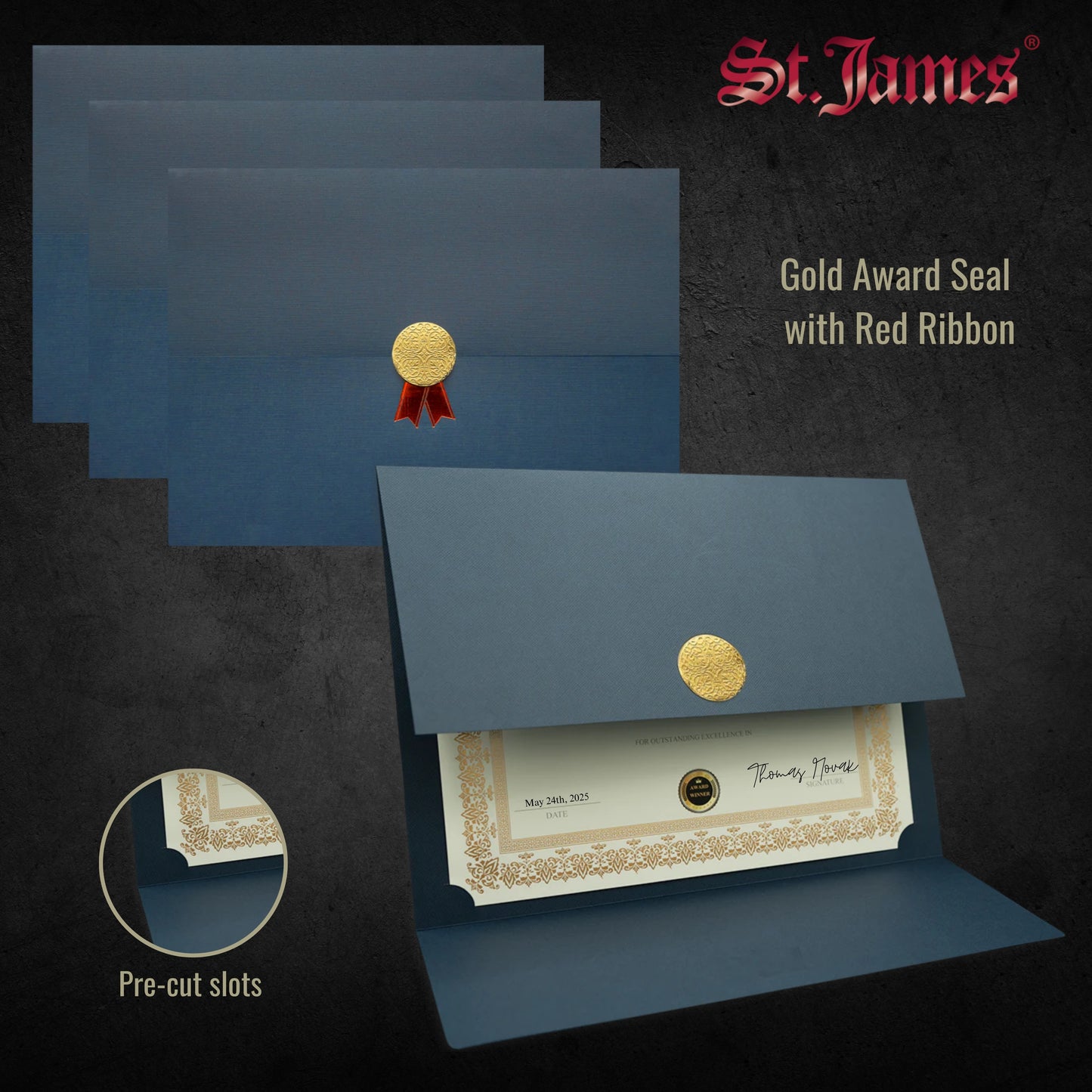 St. James® Porte-certificats/Couvertures de documents/Porte-diplômes, Bleu marine, Sceau d'or avec ruban rouge, Paquet de 5, 83815