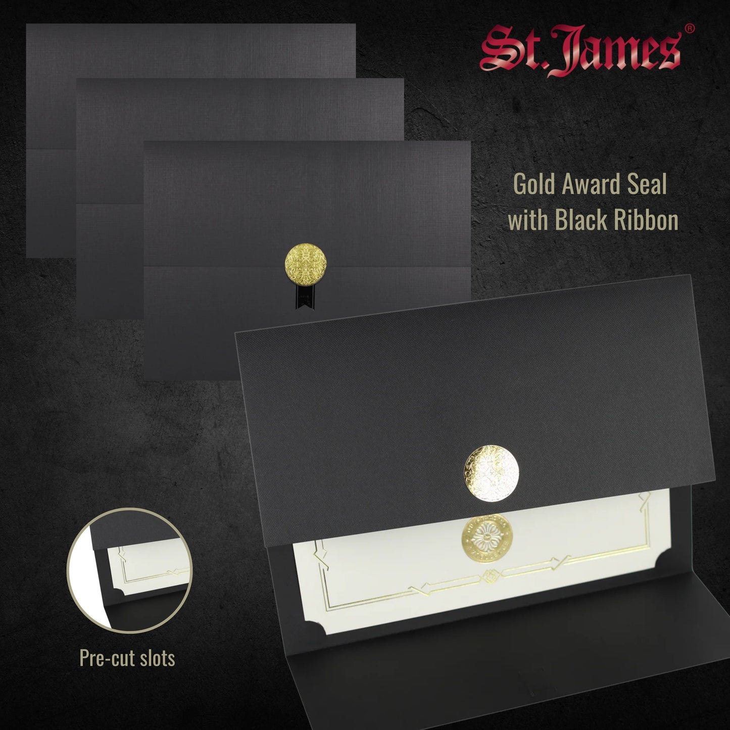 St. James® Certificate Holders/Document Covers/Diploma Holders, Black, Gold Award Seal with Single Black Ribbon, Pack of 5, 83840