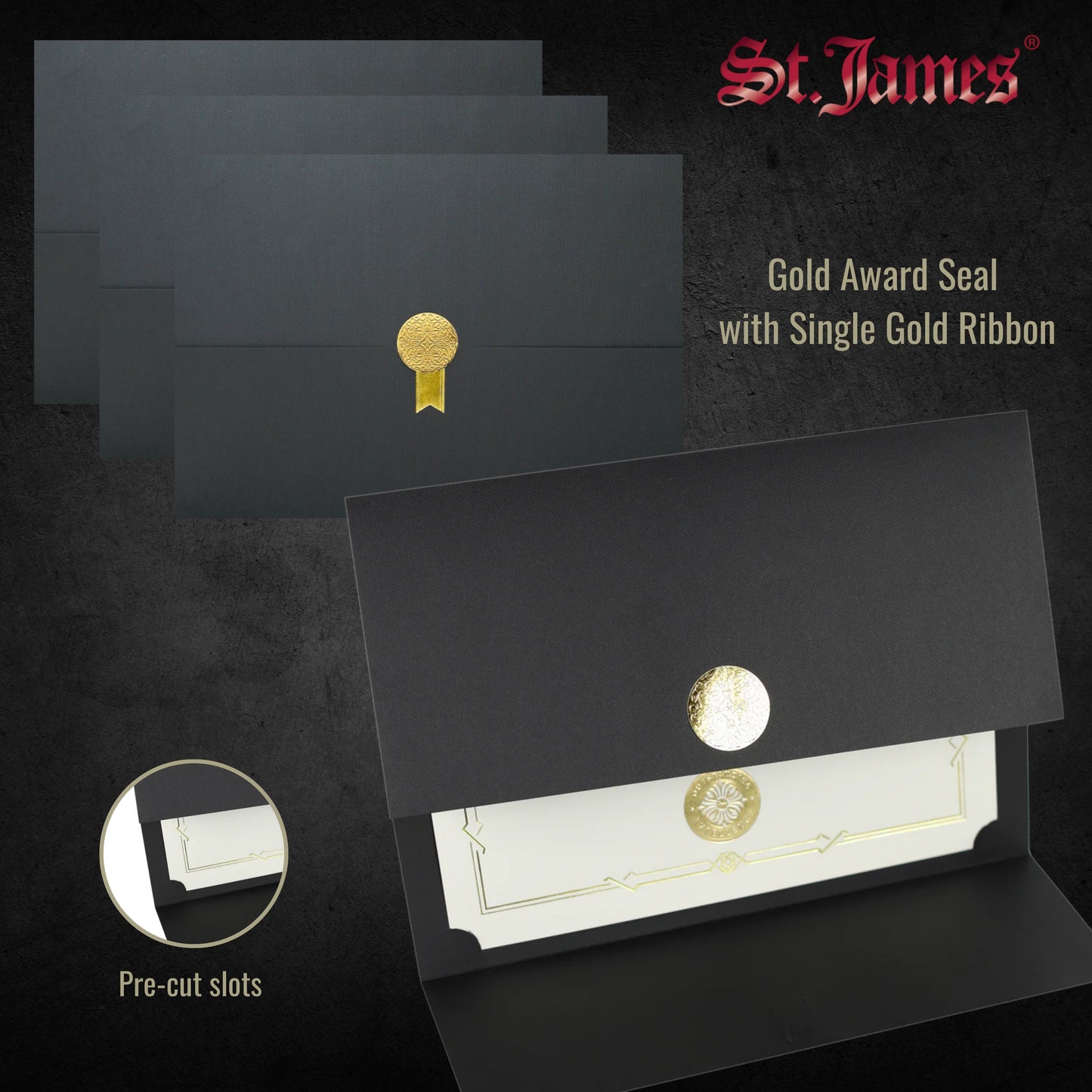 St. James® Certificate Holders/Document Covers/Diploma Holders, Black, Gold Award Seal with Single Gold Ribbon, Pack of 5, 83839