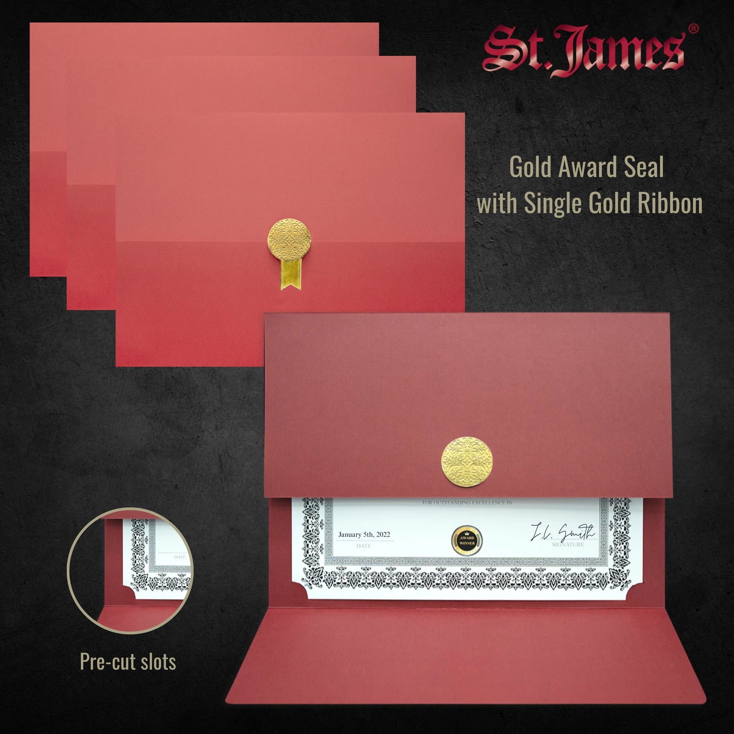 St. James® Certificate Holders/Document Covers/Diploma Holders, Red, Gold Award Seal with Single Gold Ribbon, Pack of 5, 83835