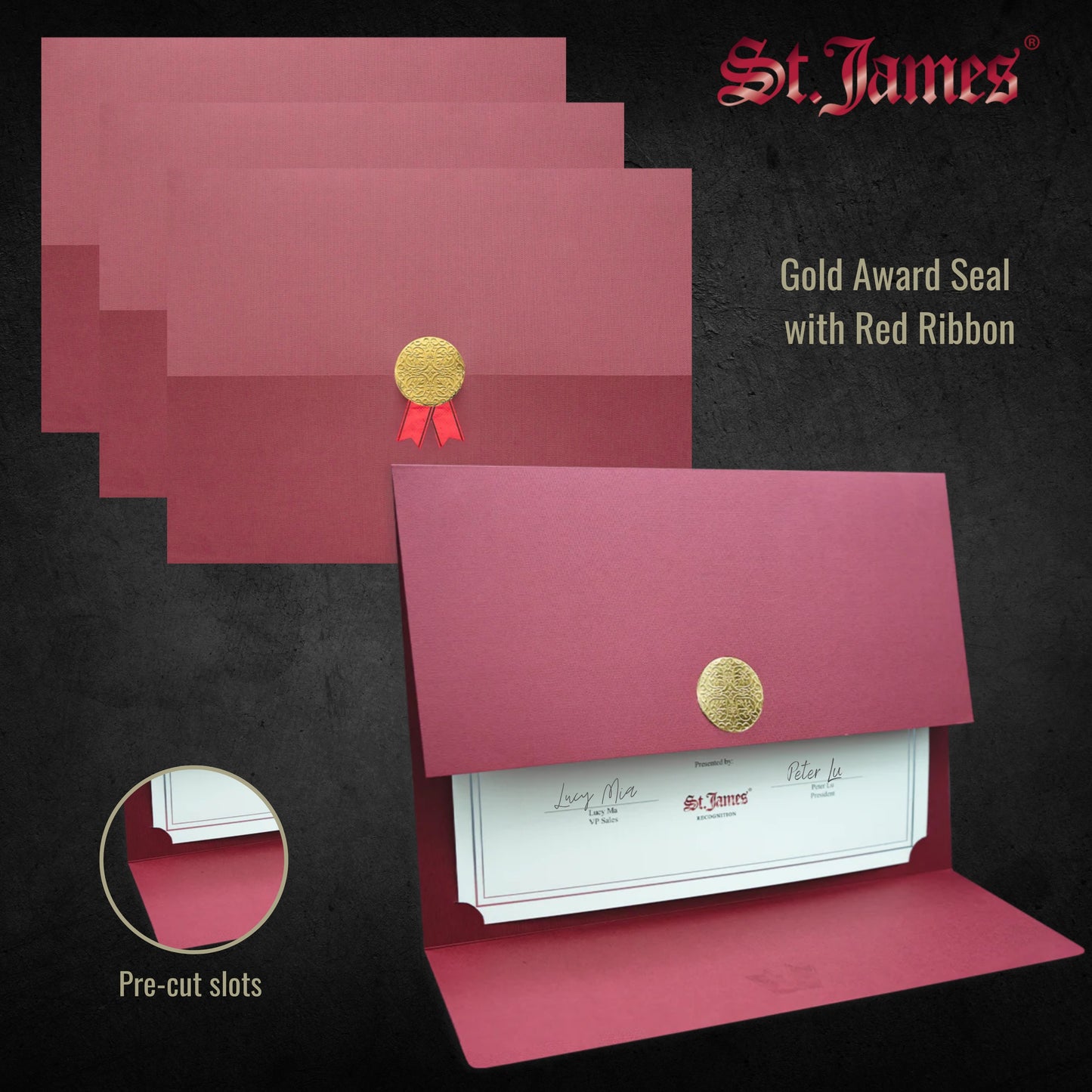 St. James® Porte-certificats/Couvertures de documents/Porte-diplômes, Bordeaux, Sceau d'or avec ruban rouge, Paquet de 5, 83818
