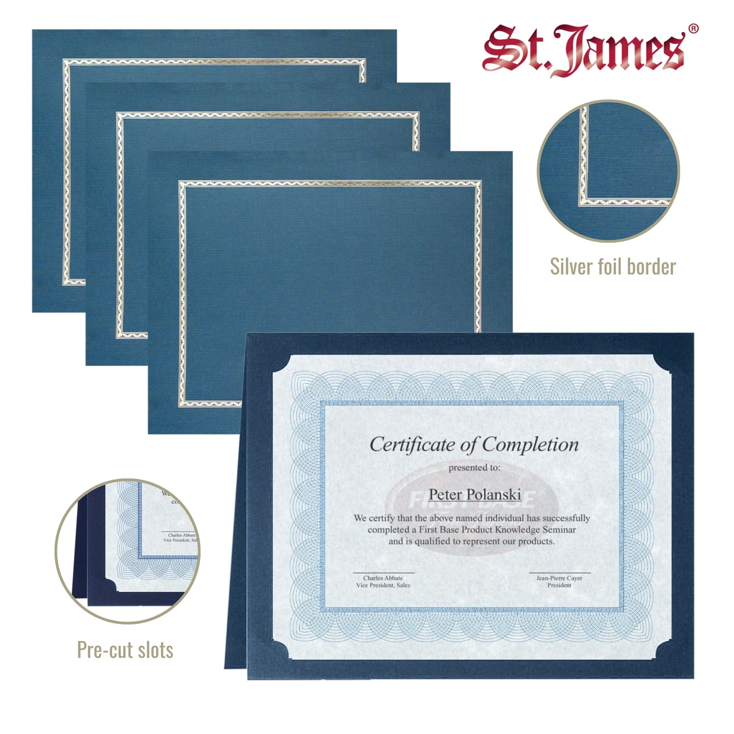 Porte-certificats/couvertures de documents/porte-diplômes St. James®, bleu marine, bordure en feuille d'argent, finition lin, paquet de 5, 83847
