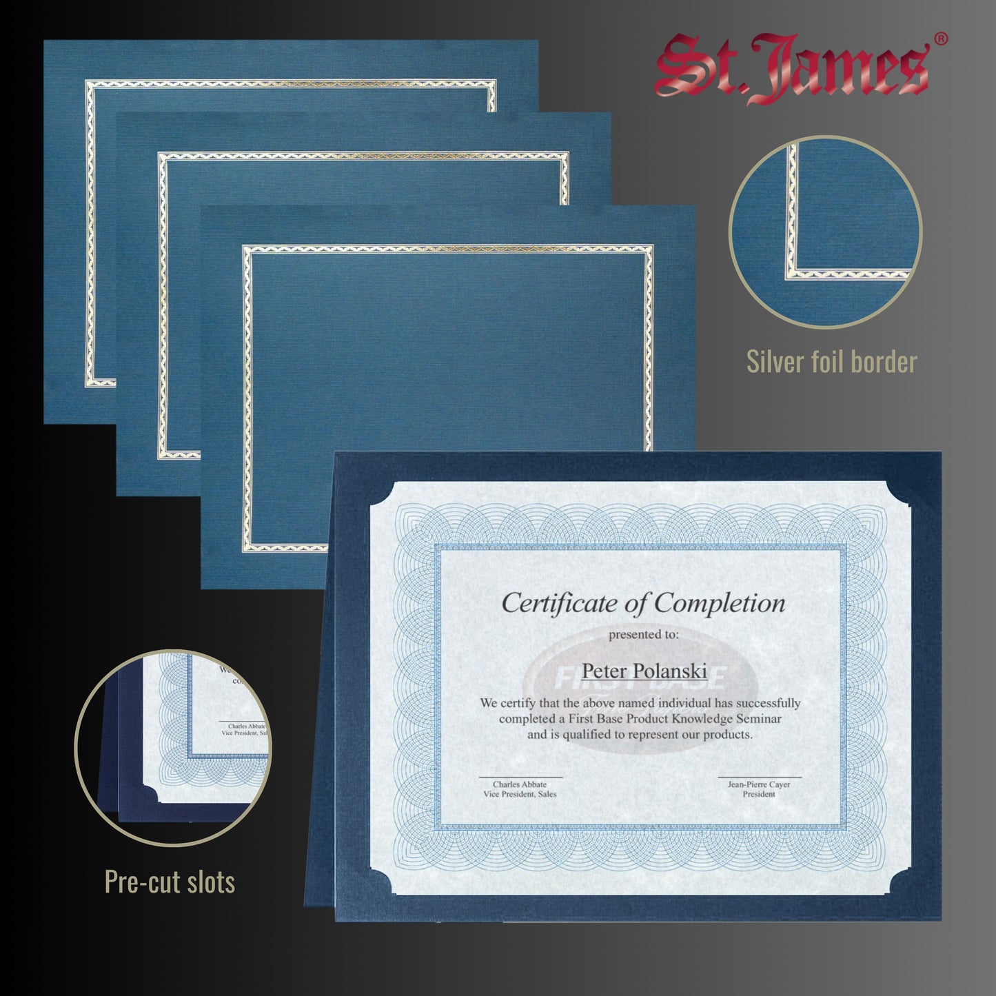 Porte-certificats/couvertures de documents/porte-diplômes St. James®, bleu marine, bordure en feuille d'argent, finition lin, paquet de 5, 83847