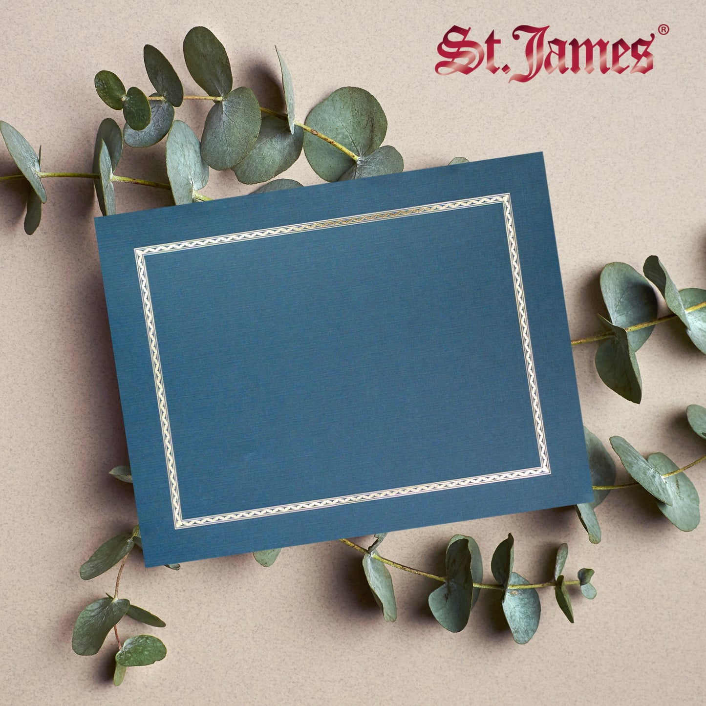 Porte-certificats/couvertures de documents/porte-diplômes St. James®, bleu marine, bordure en feuille d'argent, finition lin, paquet de 5, 83847