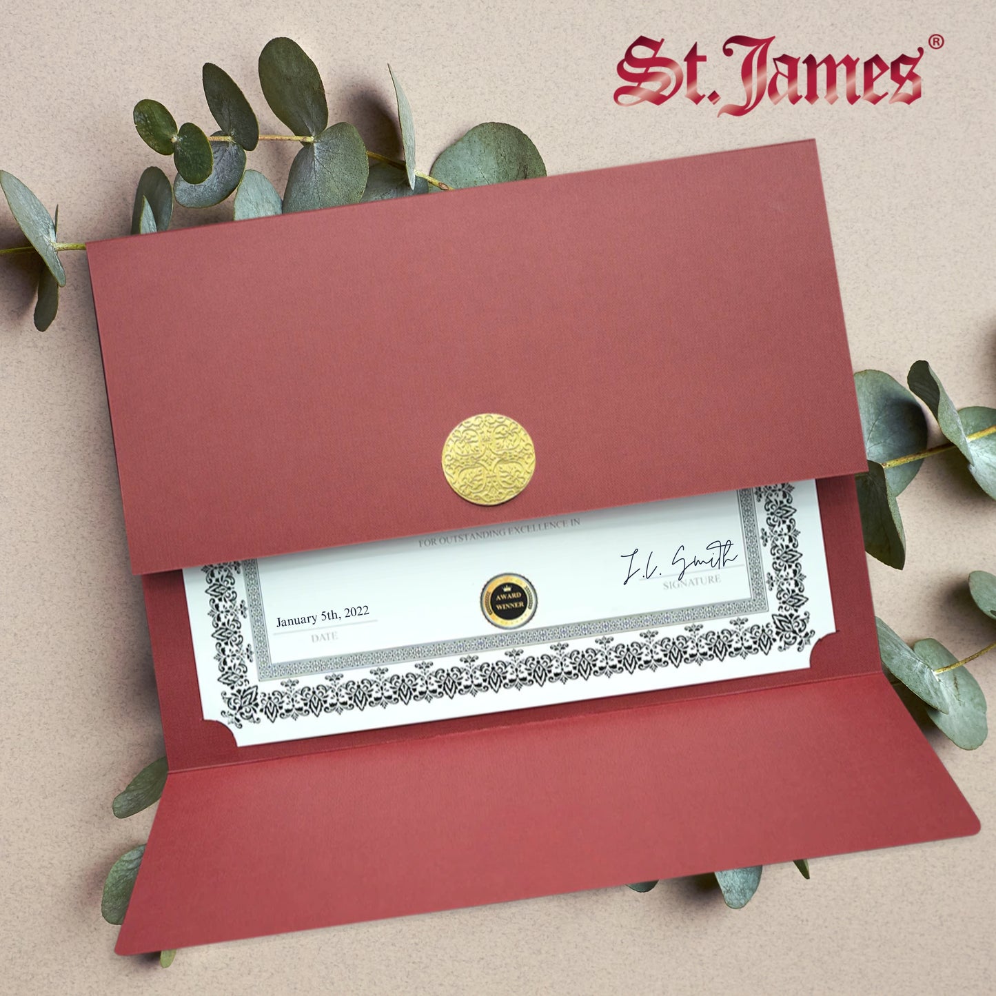 St. James® Certificate Holders/Document Covers/Diploma Holders, Red, Gold Award Seal with Single Gold Ribbon, Pack of 5, 83835