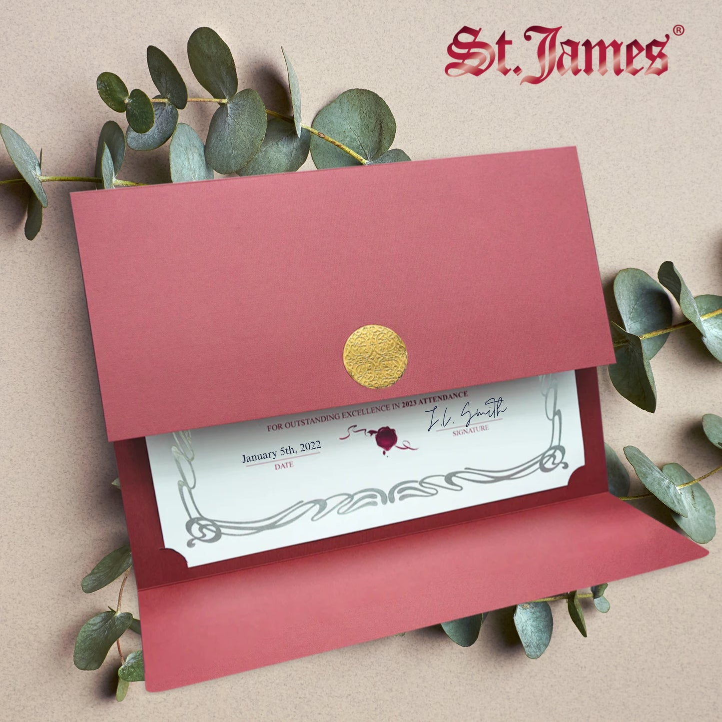 St. James® Certificate Holders/Document Covers/Diploma Holders, Burgundy, Gold Award Seal with Gold Ribbon, Pack of 5, 83819