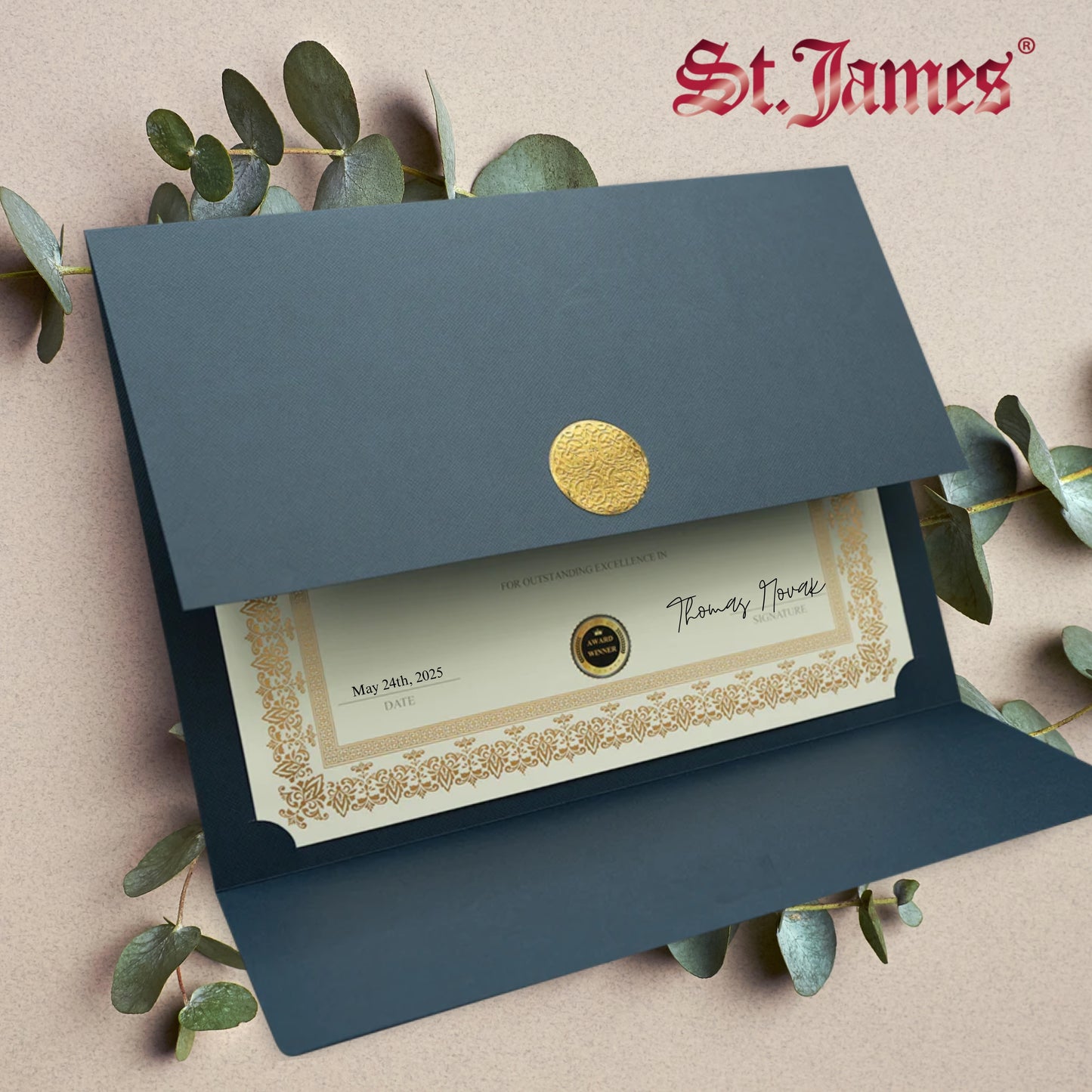 St. James® Porte-certificats/Couvertures de documents/Porte-diplômes, Bleu marine, Sceau de récompense doré avec ruban doré, Paquet de 5, 83816