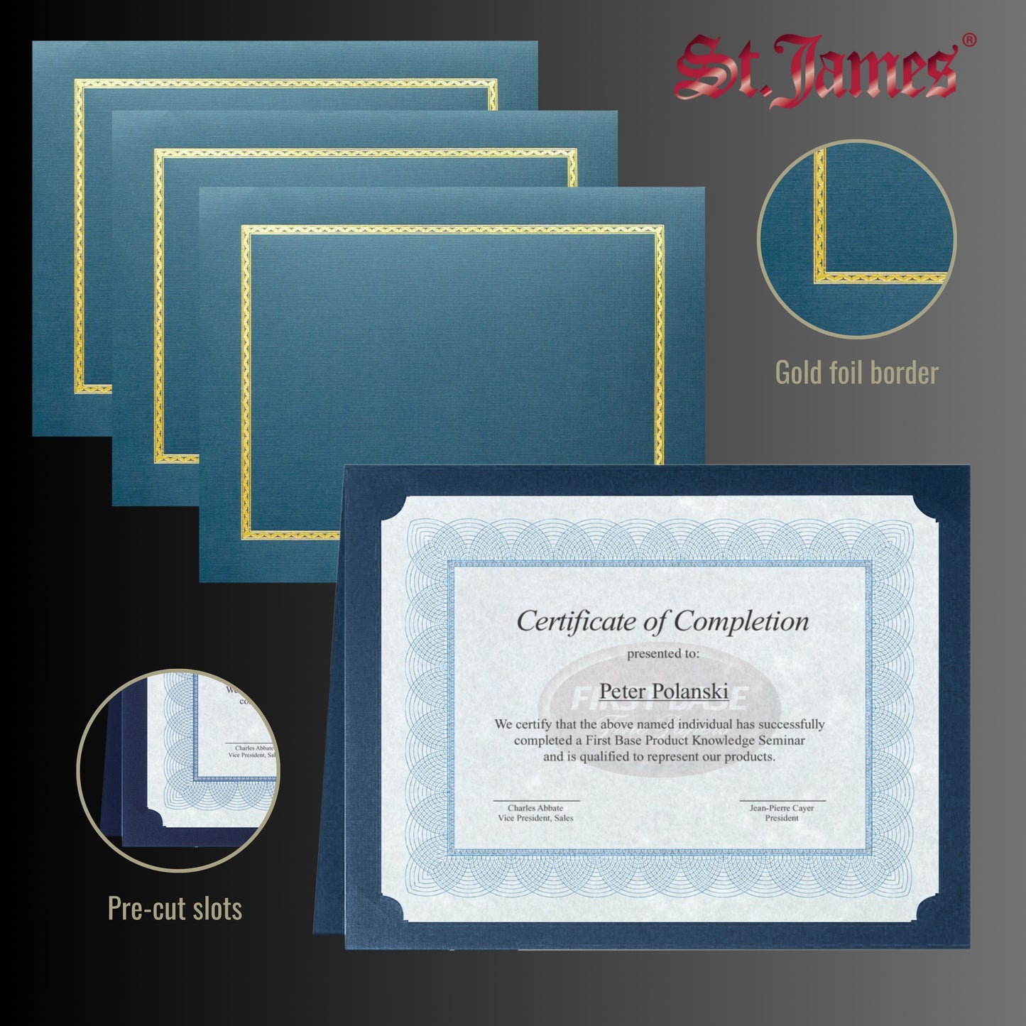 St. James® Certificate Holders/Document Covers/Diploma Holders, Navy Blue, Gold Foil Border, Linen Finish, Pack of 5, 83846