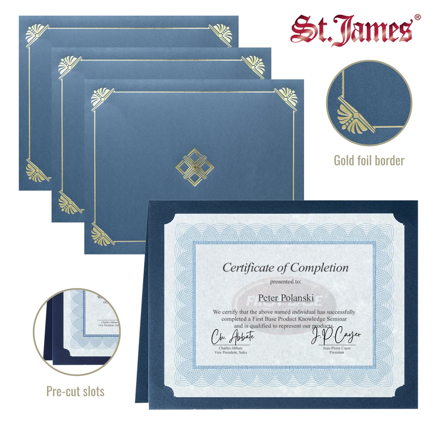 St. James® Certificate Holders/Document Covers/Diploma Holders, Navy Blue, Gold Foil, Linen Finish, Pack of 5, 83809