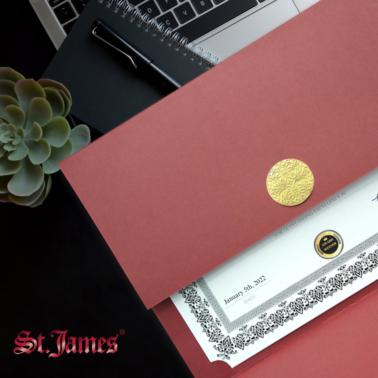 St. James® Certificate Holders/Document Covers/Diploma Holders, Red, Gold Award Seal with Single Gold Ribbon, Pack of 5, 83835