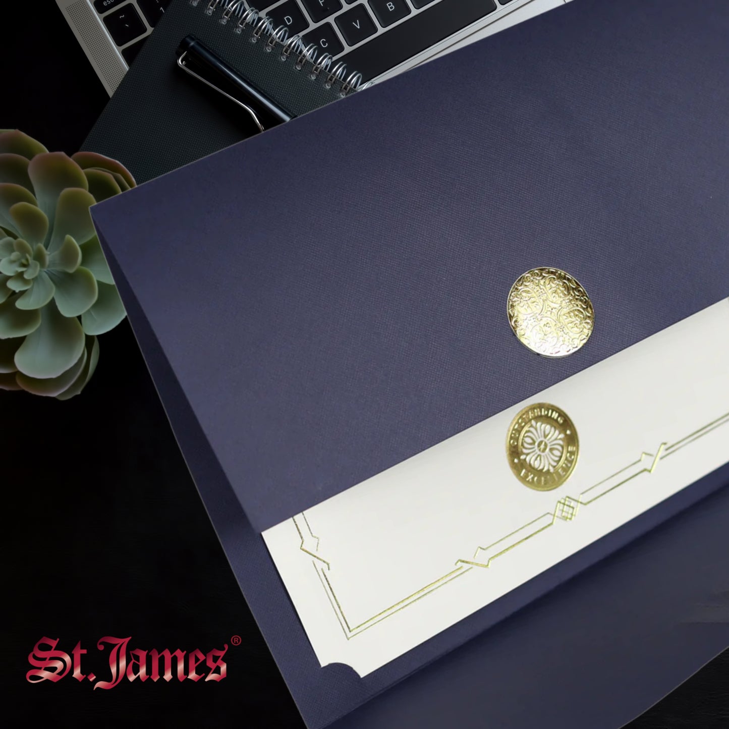 St. James® Certificate Holders/Document Covers/Diploma Holders, Navy Blue, Gold Award Seal with Single Black Ribbon, Pack of 5, 83837
