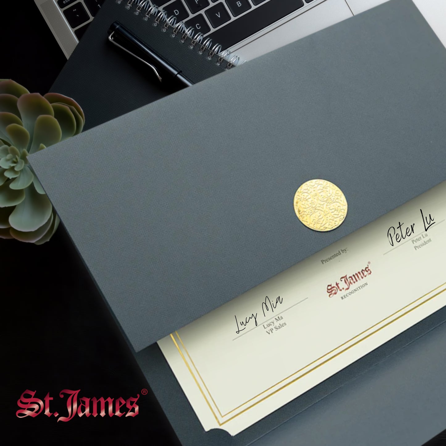 St. James® Porte-certificats/Couvertures de documents/Porte-diplômes, Bleu marine, Sceau d'or avec ruban rouge unique, Paquet de 5, 83838