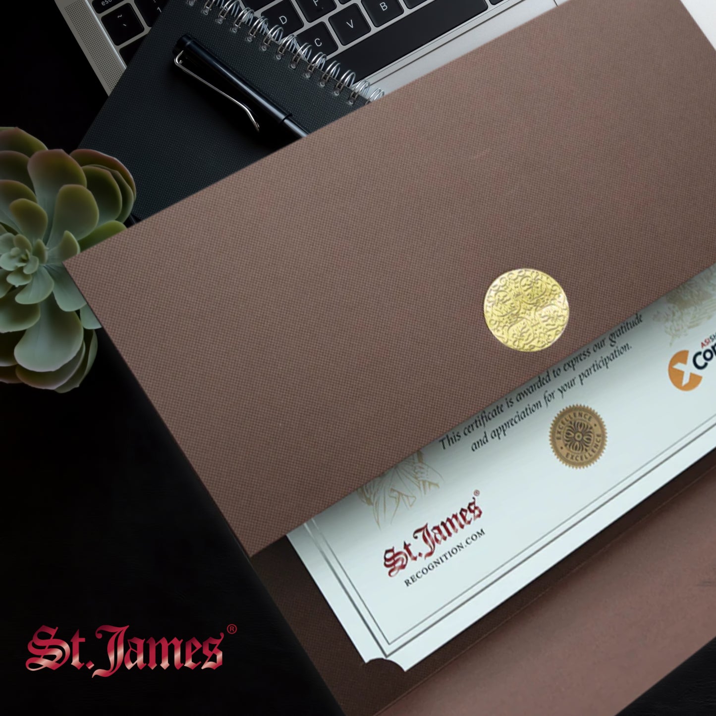 St. James® Porte-certificats/Couvertures de documents/Porte-diplômes, Marron, Sceau de récompense doré avec ruban doré, Paquet de 5, 83828