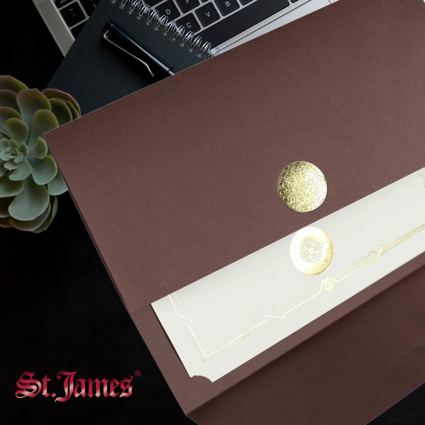 St. James® Porte-certificats/Couvertures de documents/Porte-diplômes, Marron, Sceau de récompense doré avec ruban doré unique, Paquet de 5, 83833