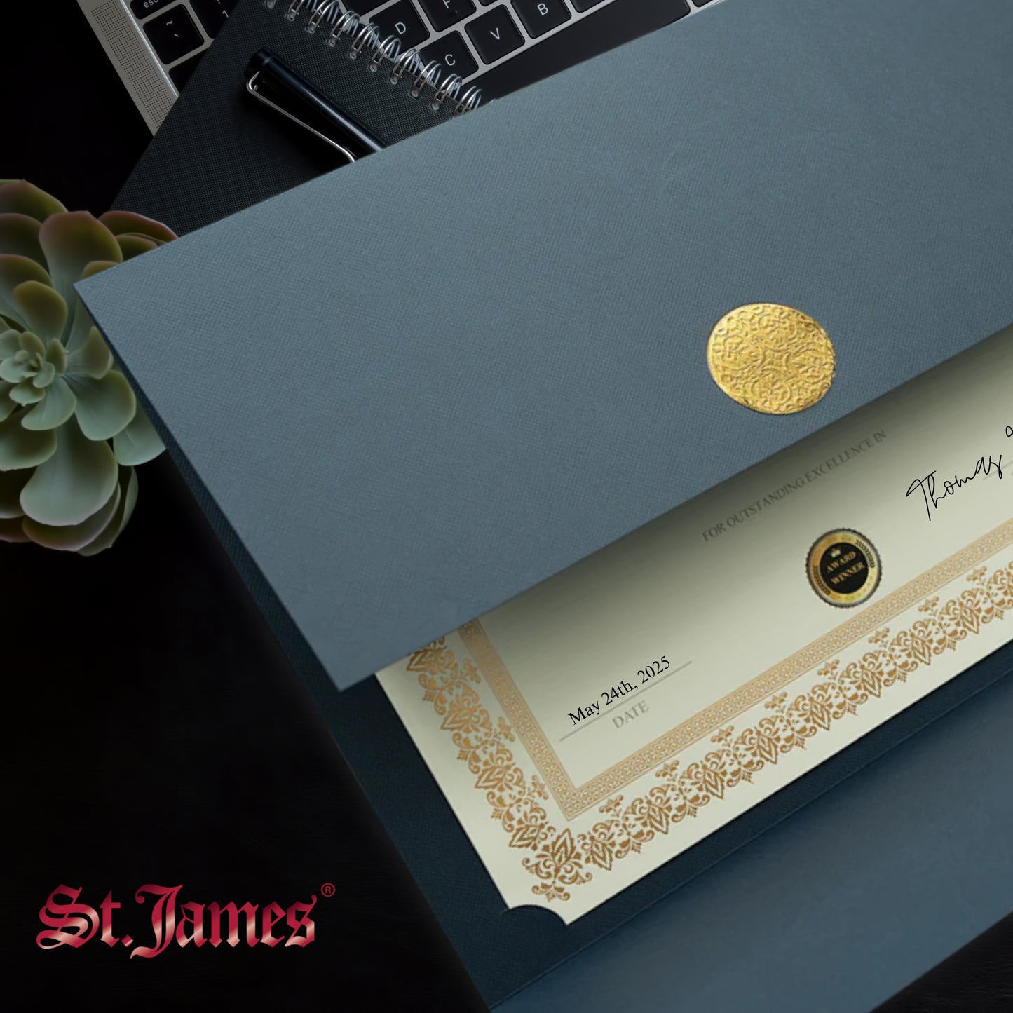 St. James® Porte-certificats/Couvertures de documents/Porte-diplômes, Bleu marine, Sceau d'or avec ruban rouge, Paquet de 5, 83815