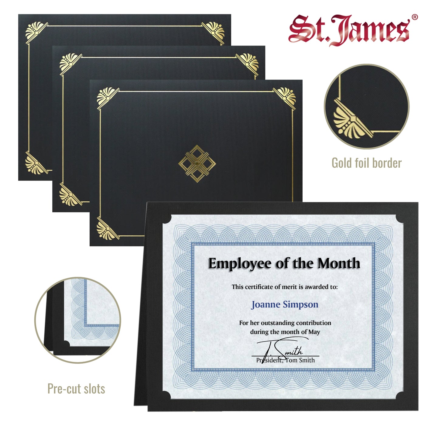 St. James® Certificate Holders/Document Covers/Diploma Holders, Black, Gold Foil, Linen Finish, Pack of 5, 83808