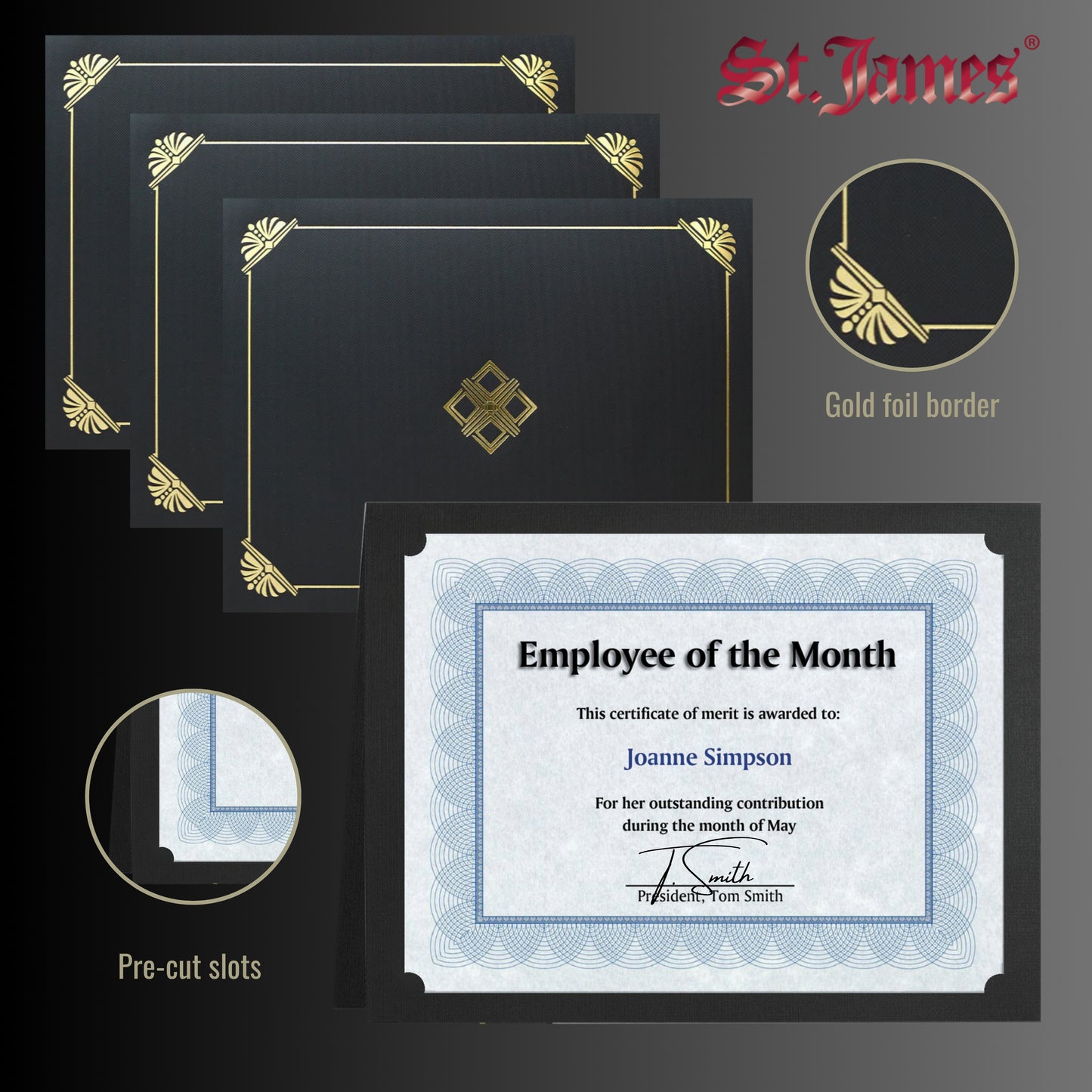 St. James® Certificate Holders/Document Covers/Diploma Holders, Black, Gold Foil, Linen Finish, Pack of 5, 83808