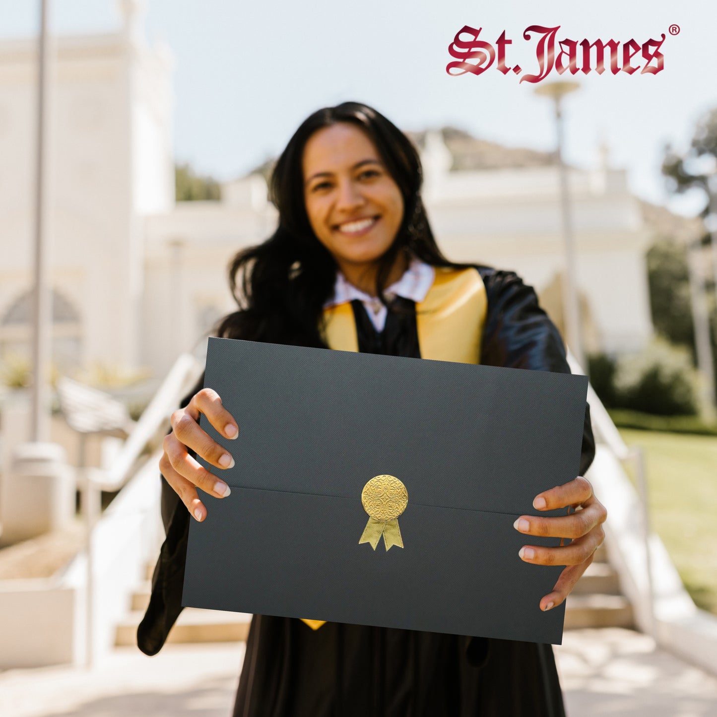 St. James® Porte-certificats/Couvertures de documents/Porte-diplômes, Noir, Sceau de récompense doré avec ruban doré, Paquet de 5, 83822