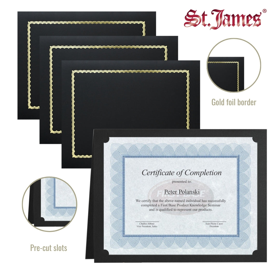 Porte-certificats en lin classique St. James® avec feuille d'or, noir, paquet de 5, 83464