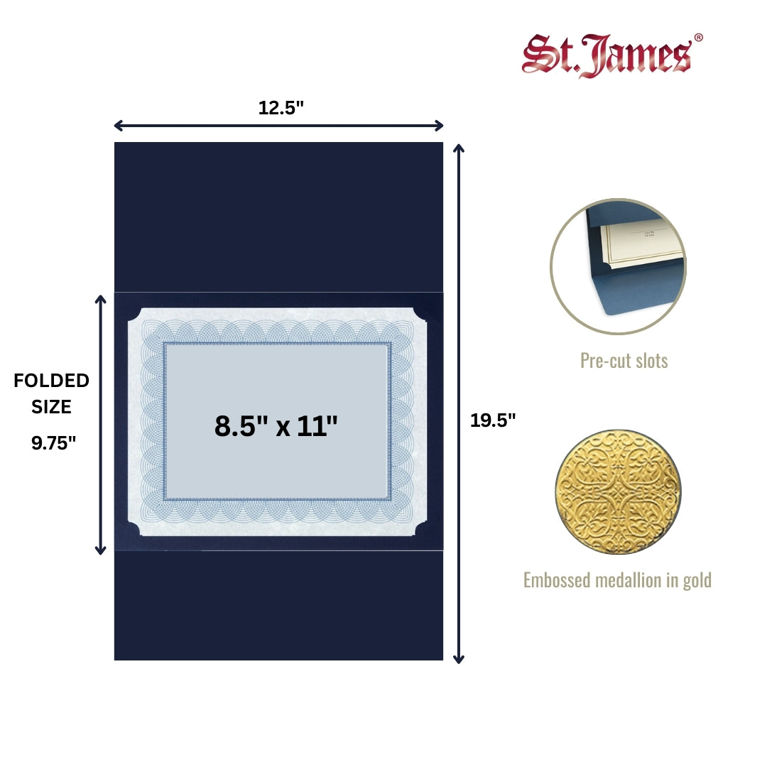 St. James® Elite™ Medallion Fold Certificate Holders, Navy Blue Linen with Gold Medallion, Pack of 5, 83534