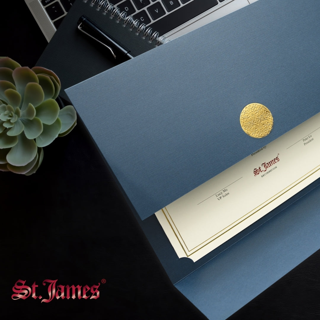 St. James® Elite™ Medallion Fold Certificate Holders, Navy Blue Linen with Gold Medallion, Pack of 5, 83534