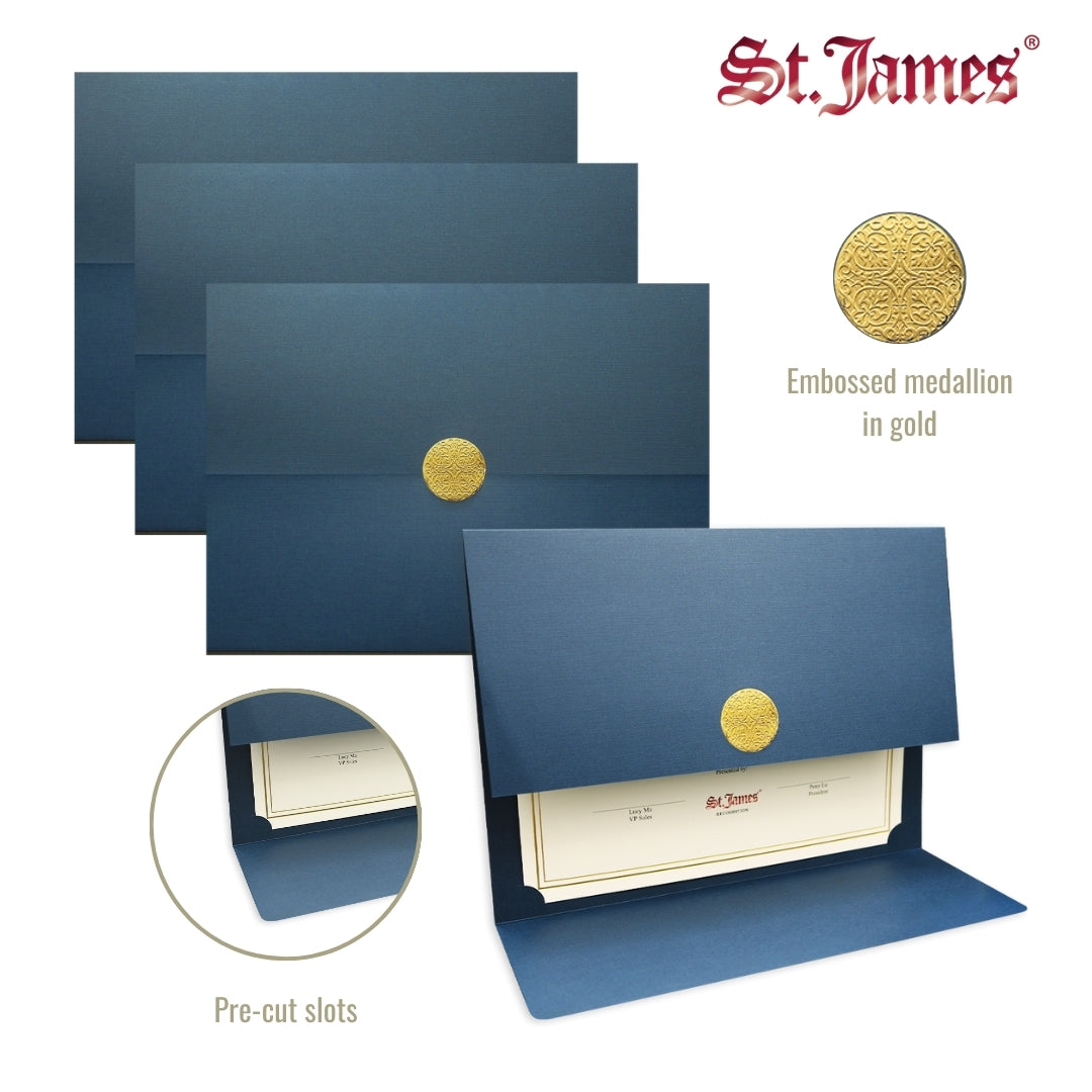 St. James® Elite™ Medallion Fold Certificate Holders, Navy Blue Linen with Gold Medallion, Pack of 5, 83534