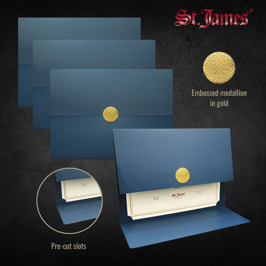 St. James® Elite™ Medallion Fold Certificate Holders, Navy Blue Linen with Gold Medallion, Pack of 5, 83534