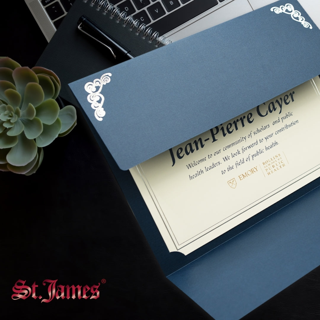 St. James® Elite™ Medallion Fold Certificate Holders, Linen, Navy Blue with Silver Medallion, Pack of 5, 83536