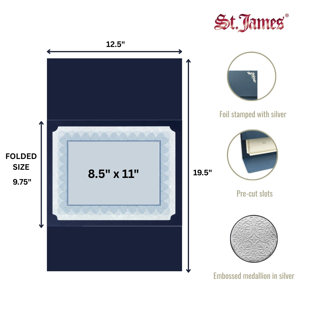 St. James® Elite™ Medallion Fold Certificate Holders, Linen, Navy Blue with Silver Medallion, Pack of 5, 83536