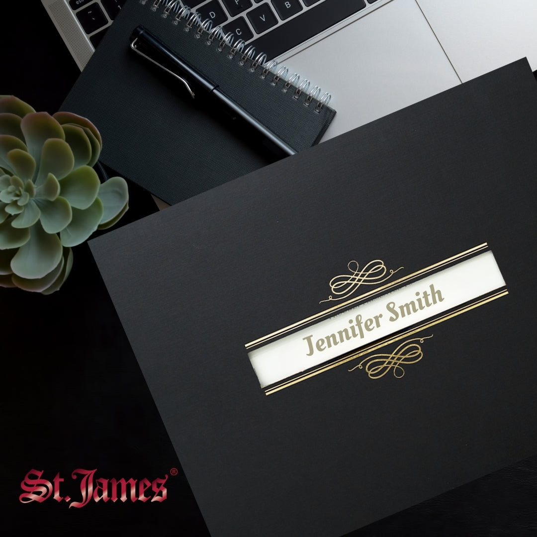 Porte-certificats St. James® avec fenêtre, lin noir, paquet de 5, 83539