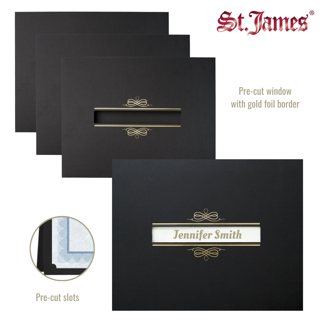 Porte-certificats St. James® avec fenêtre, lin noir, paquet de 5, 83539