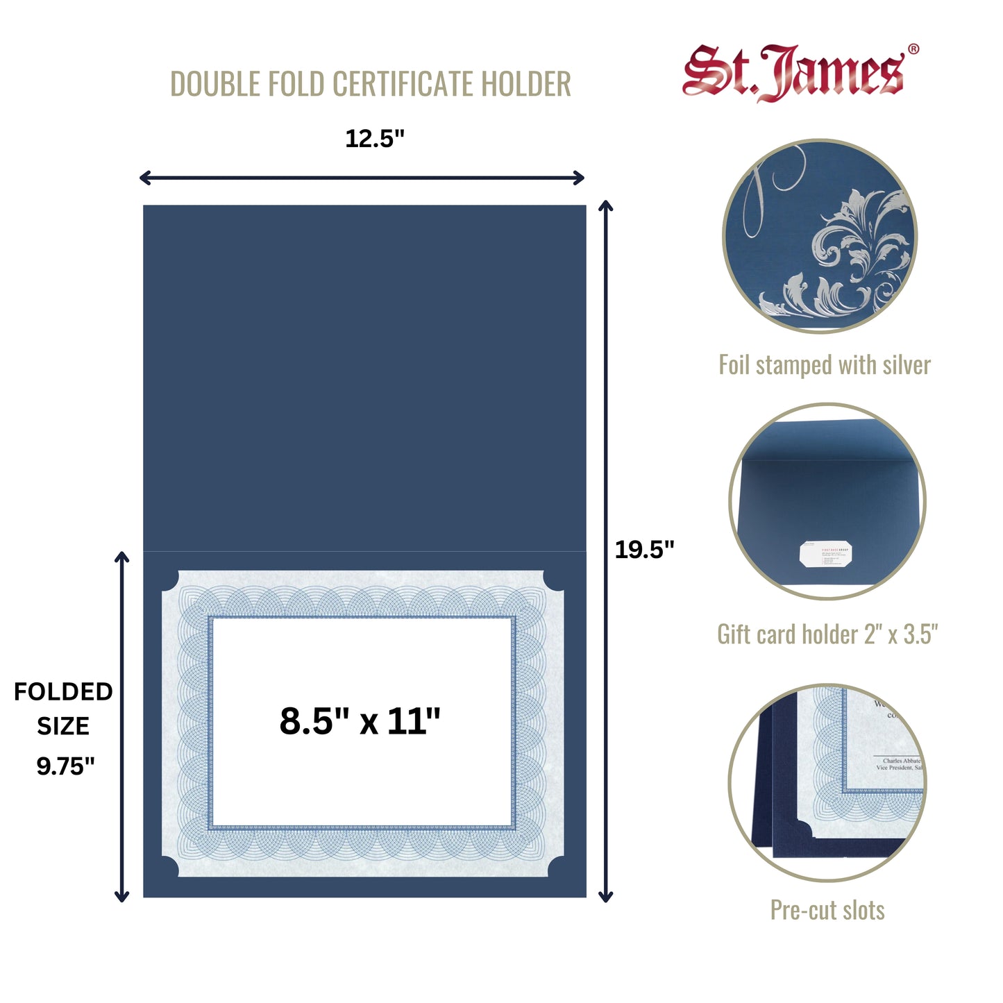 St. James® Certificate Holders with Gift Card Holder, Silver Foil Deco, Navy Blue, Pack of 5, 83541