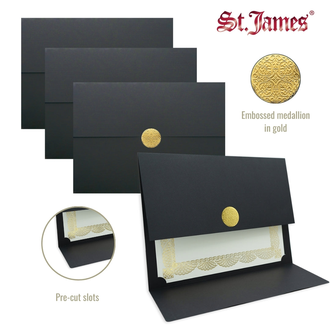 Porte-certificats St. James® Elite™ Medallion Fold, lin noir avec médaillon doré, paquet de 5, 83564