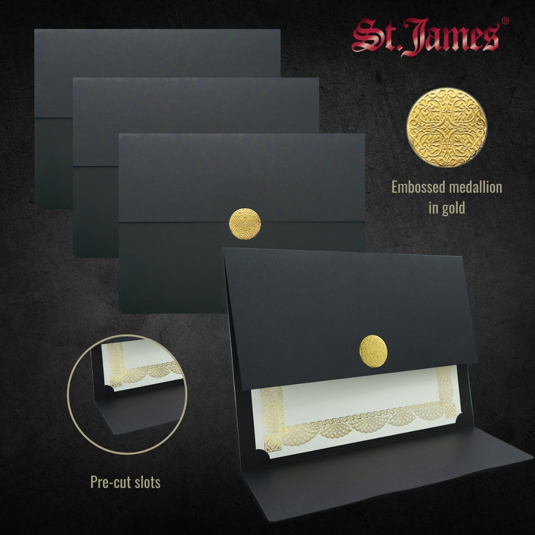 Porte-certificats St. James® Elite™ Medallion Fold, lin noir avec médaillon doré, paquet de 5, 83564