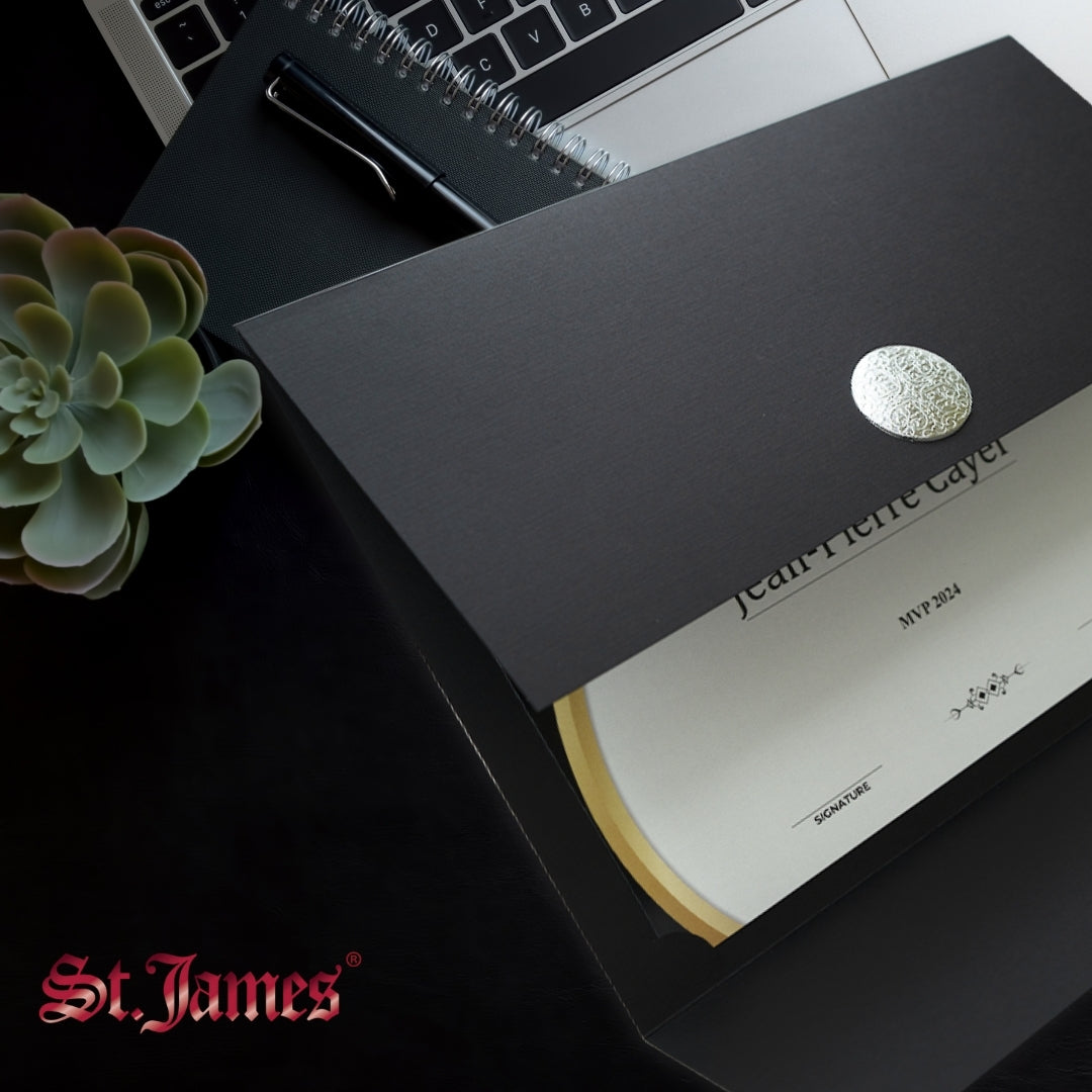 St. James® Elite™ Medallion Fold Certificate Holders, Black Linen with Silver Medallion, Pack of 5, 83566