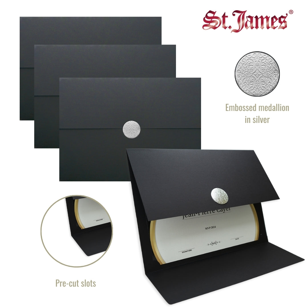 Porte-certificats St. James® Elite™ Medallion Fold, lin noir avec médaillon argenté, paquet de 5, 83566