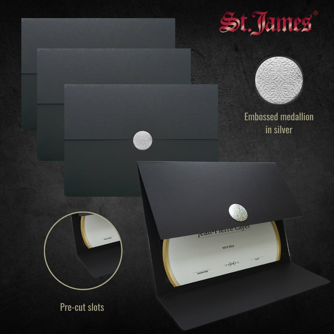 Porte-certificats St. James® Elite™ Medallion Fold, lin noir avec médaillon argenté, paquet de 5, 83566
