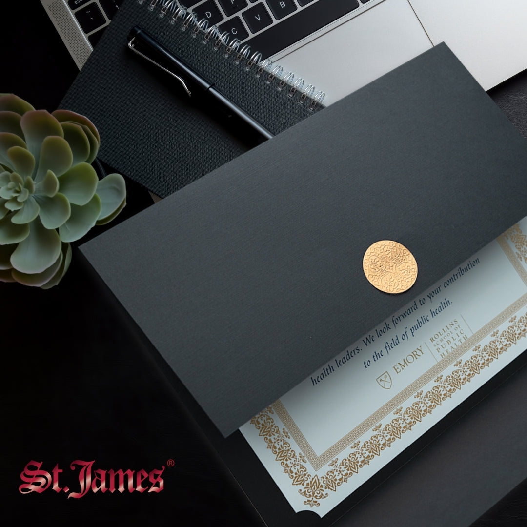 St. James® Elite™ Medallion Fold Certificate Holders, Black Linen with Copper Medallion, Pack of 5, 83570