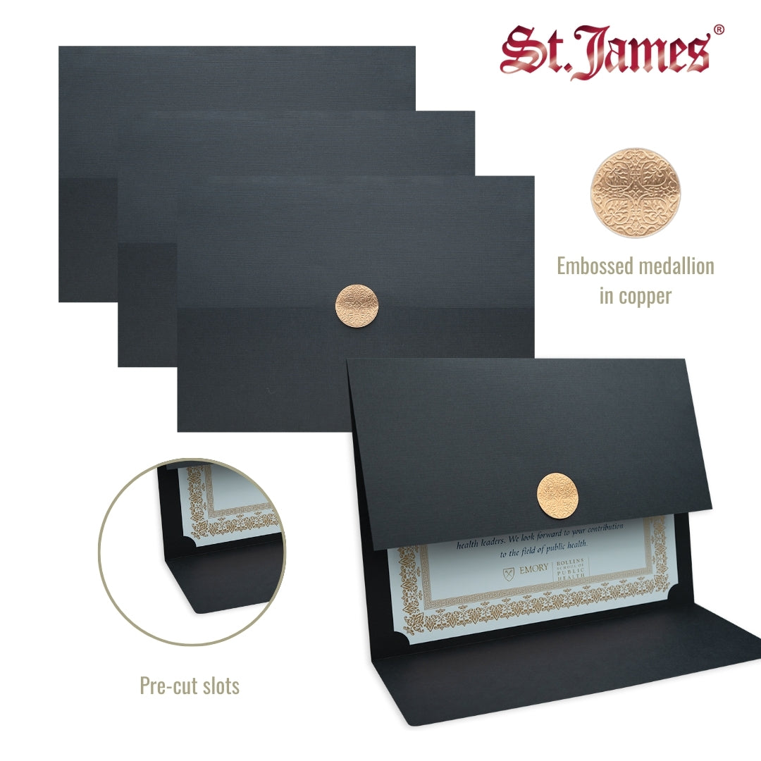 St. James® Elite™ Medallion Fold Certificate Holders, Black Linen with Copper Medallion, Pack of 5, 83570