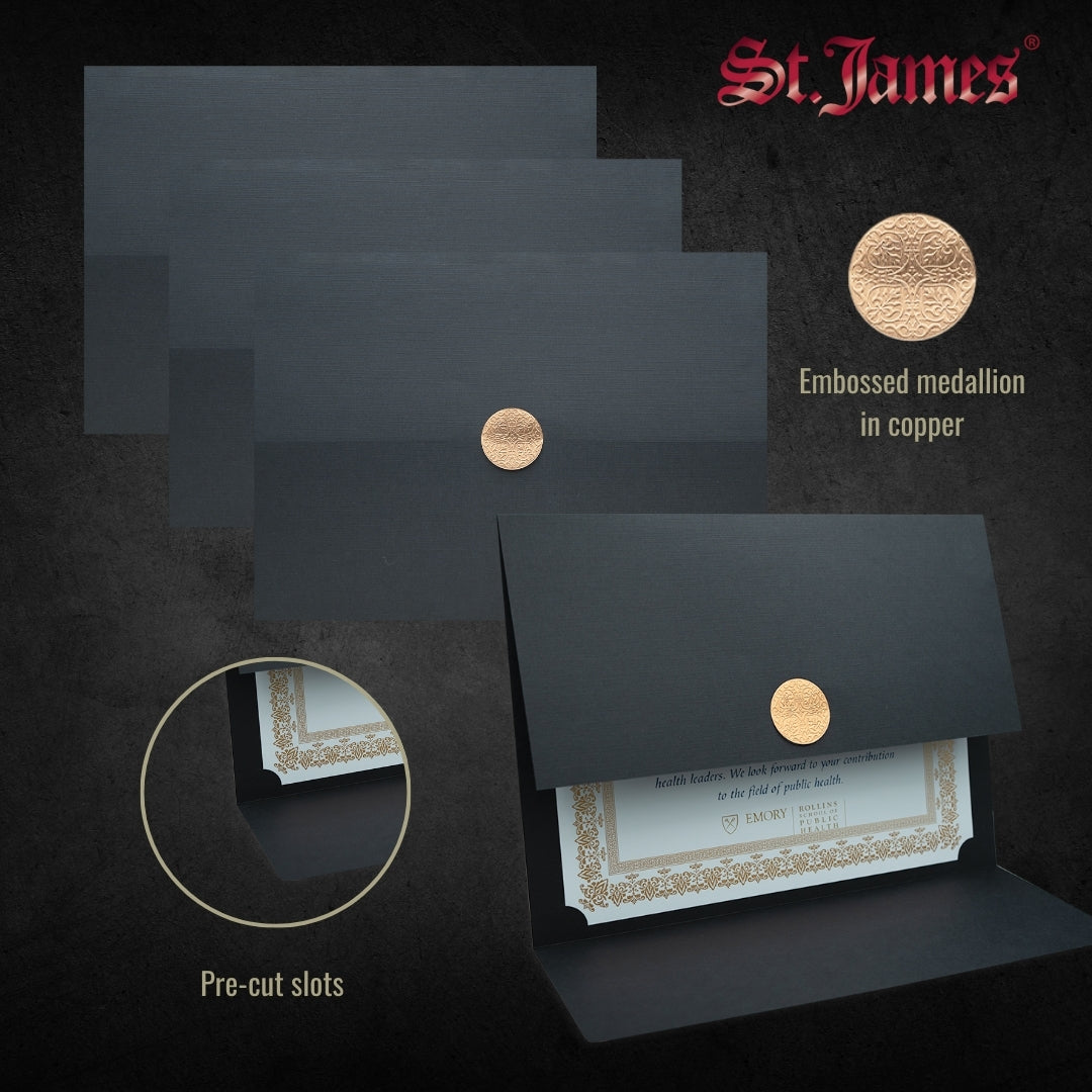 St. James® Elite™ Medallion Fold Certificate Holders, Black Linen with Copper Medallion, Pack of 5, 83570