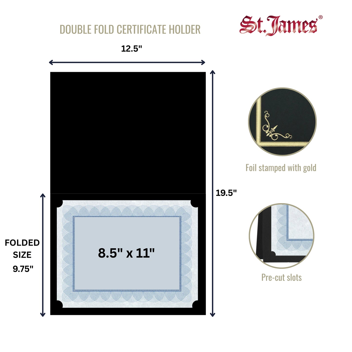 St. James® Certificate Holders/Document Covers/Diploma Holders, Black, Gold Foil Border, Linen Finish, Pack of 5, 83805