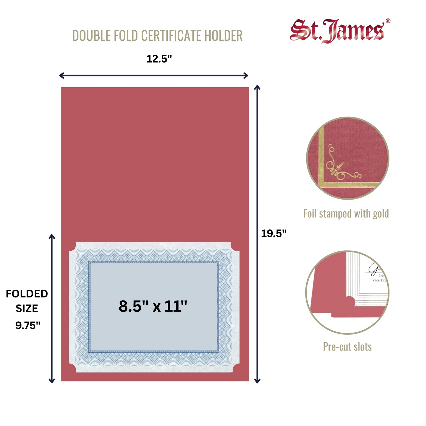 Porte-certificats/couvertures de documents/porte-diplômes St. James®, rouge, bordure en feuille d'or, finition lin, paquet de 5, 83807