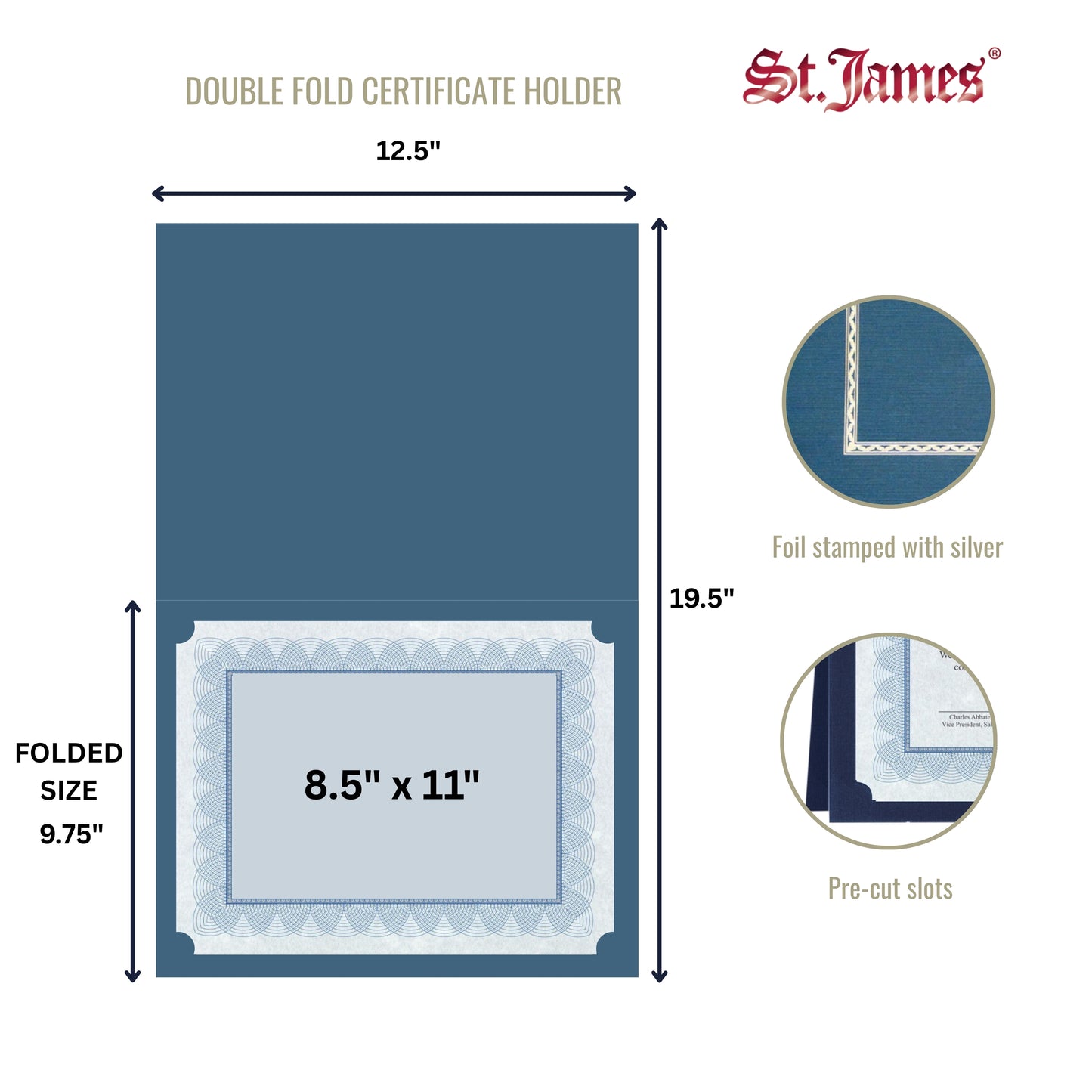 Porte-certificats/couvertures de documents/porte-diplômes St. James®, bleu marine, bordure en feuille d'argent, finition lin, paquet de 5, 83847
