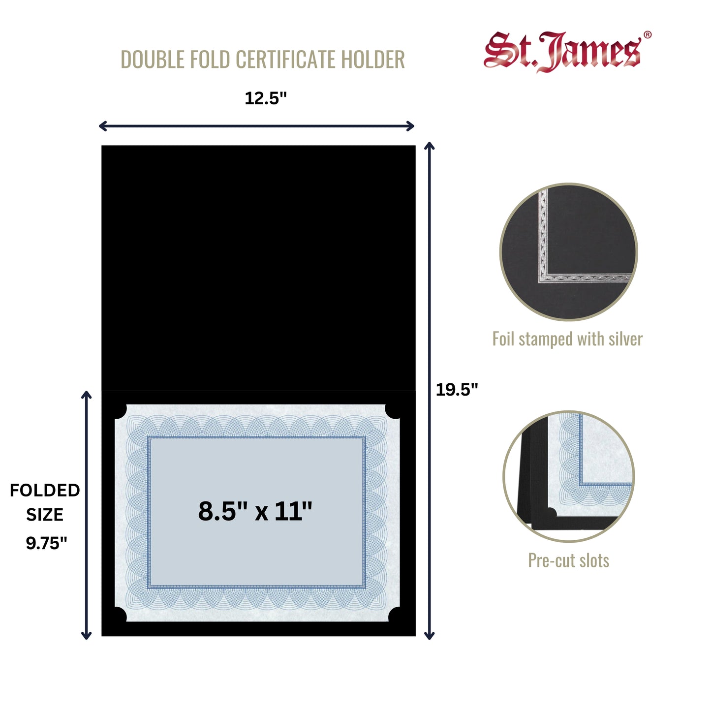 St. James® Certificate Holders/Document Covers/Diploma Holders, Black, Silver Foil Border, Linen Finish, Pack of 5, 83849